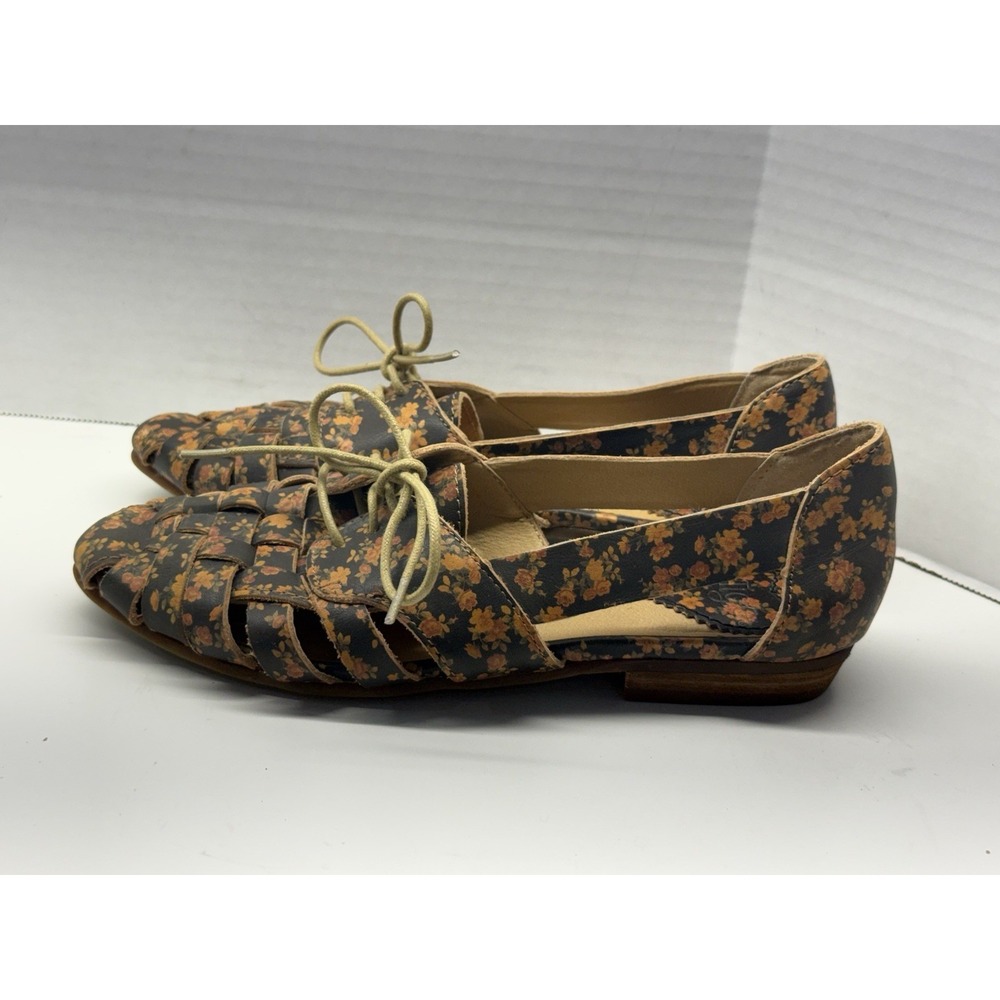 Latigo Jingle Floral Lace Up Flats Women 6.5 Brown Leather Woven Oxford Boho EUC